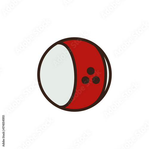 doodle of This image displays a stylized bowling ball. It is depicted as a sphere with two distinct colored sections: one side is a light grey or off-white, and the other side is red