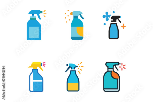 Collection of Six Colorful Spray Bottle Icons for Cleaning and Disinfection Solutions Ideal for Hygiene Products and Sanitization Supplies