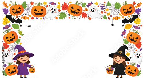 Adobe illustrator artwork vector illustration. Festive Halloween frame with cute witch kids, pumpkins, ghosts, and colorful autumn leaves. Perfect for invitations, banners, and promotions