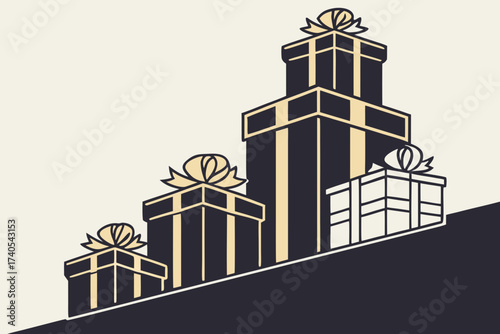 Array of gift boxes arranged in a black and gold style