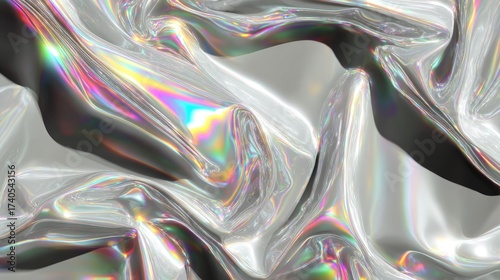 Abstract silver foil waves with chrome-inspired reflections, glowing with holographic sheen and stylish modern minimalism
