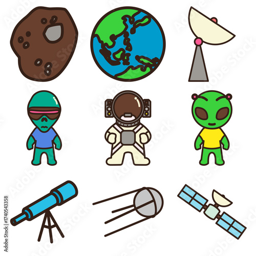 set doodle of space theme with asteroid, earth, satellite dish, alien, astronaut, telescope and Sputnik