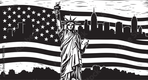Statue of liberty flag skyline silhouette