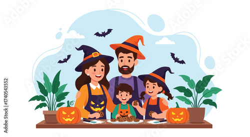 Adobe illustrator artwork vector illustration. Happy family in witch hats baking Halloween cookies with pumpkins. Perfect for holiday recipes, family activities, and seasonal celebrations