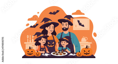 Adobe illustrator artwork vector illustration. Happy family in witch hats baking Halloween cookies with pumpkins. Perfect for holiday recipes, family activities, and seasonal celebrations