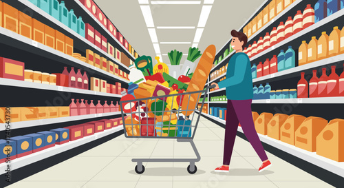 Woman Shopping for Groceries in a Modern Supermarket Aisle with Fresh Produce and Packaged Goods