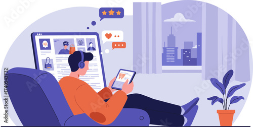 Modern digital content creator engaging with social media from a cozy city apartment