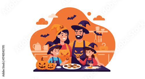 Adobe illustrator artwork vector illustration. Happy family in witch hats baking Halloween cookies with pumpkins. Perfect for holiday recipes, family activities, and seasonal celebrations