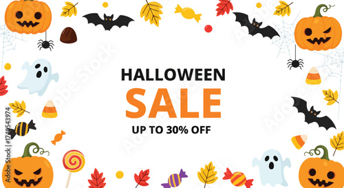 Adobe illustrator artwork vector illustration. Festive Halloween sale banner with pumpkins, ghosts, bats, and fall leaves. Ideal for promoting holiday discounts and seasonal offers