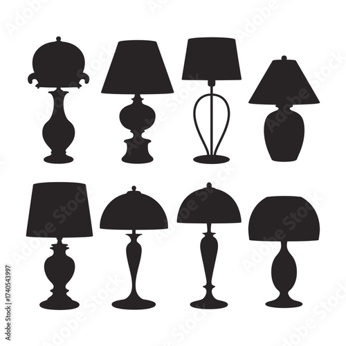 Set of table lamp silhouettes. Diverse collection of desk lights with various bases and shade styles for home and office.