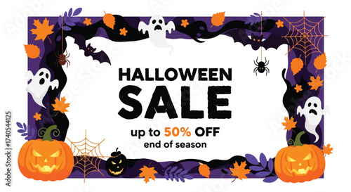 Adobe illustrator artwork vector illustration. Spooky Halloween sale banner with pumpkins, ghosts, bats, and spiders. Perfect for promoting discounts and end-of-season offers