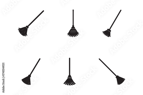 Collection of Vector Broom Silhouettes on White Background for Cleaning Concepts and Design Elements