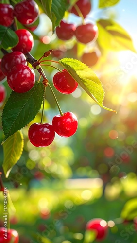 Ripe Cherries on a Branch Bathed in Sunlight.