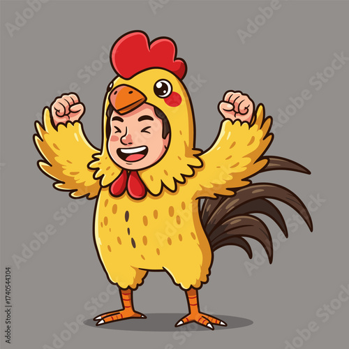 Cartoon person in yellow chicken costume, smiling with raised arms on gray background.