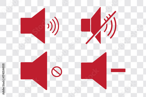 Volume and Speaker Icons Set Sound Symbols Including Mute, Low, Medium, and High Volume Levels in Minimalist Line Style for Media Players, Mobile Apps, and Web Audio Interfaces Vector Grey, Red color.