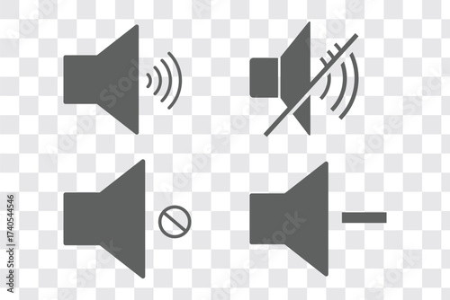 Volume and Speaker Icons Set Sound Symbols Including Mute, Low, Medium, and High Volume Levels in Minimalist Line Style for Media Players, Mobile Apps, and Web Audio Interfaces Vector Grey, Red color.