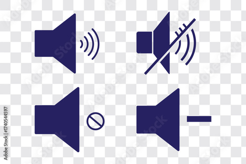 Volume icon set. Sound regulation icon. Vector Blue sound flat icons set. Media player buttons icon set, mute symbol, Silent sign, Low volume, Maximum Volume symbol, No volume different signal levels.