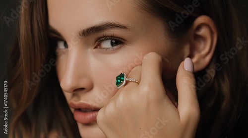 Ultra-realistic portrait video of a young European woman, natural beauty with soft features, cinematic lighting, wearing a Colombian emerald ring with diamond halo, focus on jewelry, warm pastel tones