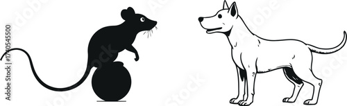 Dog and Mouse Illustration A Black Silhouette and a White Animal