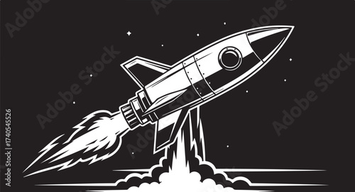 Retro rocket ship launching into space