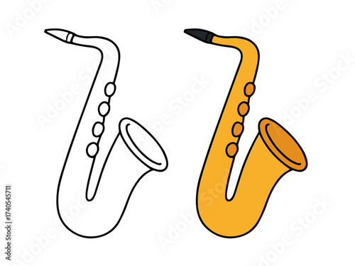 Simple vector illustration of a saxophone wind instrument, featuring a full outline drawing and a colored version with a gold body and black mouthpiece, ideal for music themes, jazz graphics.