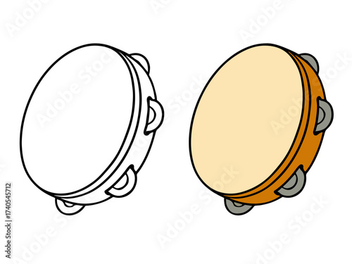 Simple vector illustration of a tambourine percussion instrument, shown with a full outline drawing and a colored version, perfect for music themes, children's coloring pages.