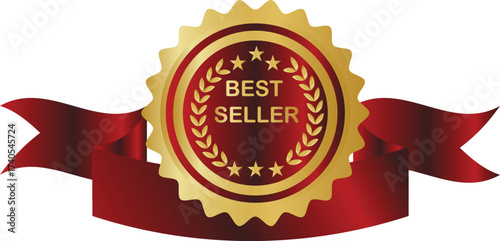 Golden best seller badge with red ribbon isolated on a white background
