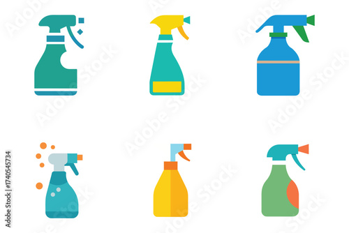 Colorful Spray Bottle Icons Collection for Cleaning and Disinfection Illustration Vector Graphic Resource for Design and Creative Projects on White Background