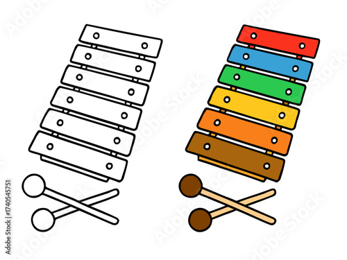 Simple vector illustration of a xylophone musical instrument with mallets, shown in both a full outline drawing and a colorful version, suitable for music themes, children's coloring pages.