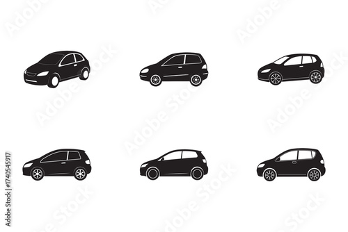 Diverse Collection of Hatchback Car Silhouette Vectors on White Background Representing Transportation and Automotive Industry