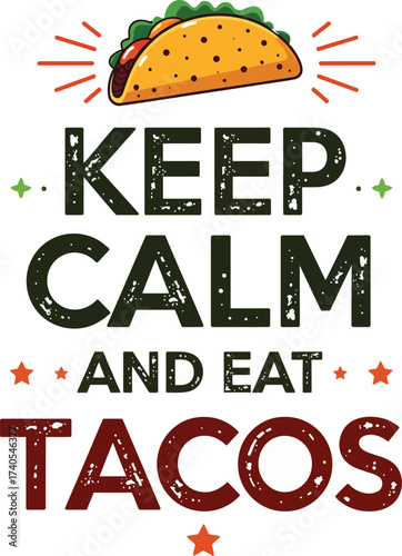 Whimsical text art promoting stress relief through the joy of eating savory tacos