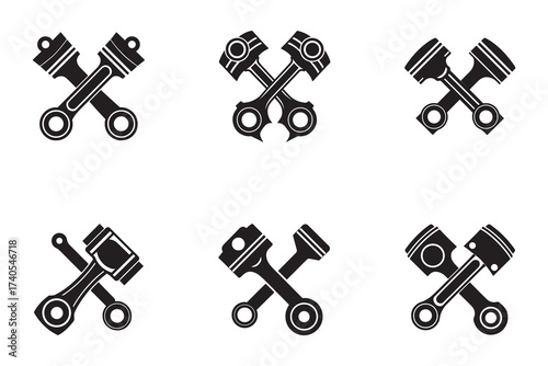 Engine Piston Vector Set in Black and White Automotive and Mechanical Design Elements for Engineering Projects and Industrial Applications