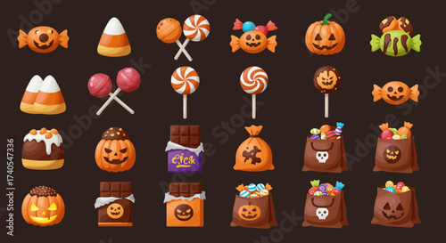 Flat 2D icon set representing Halloween sweets, lollipops, candy corn, chocolate bars, and trick or treat bags