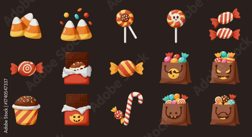 Flat 2D icon set representing Halloween sweets, lollipops, candy corn, chocolate bars, and trick or treat bags