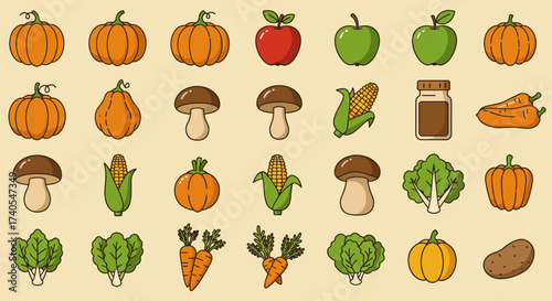 Flat 2D icon set showing autumn harvest items including pumpkins, apples, corn, mushrooms, and fresh vegetables