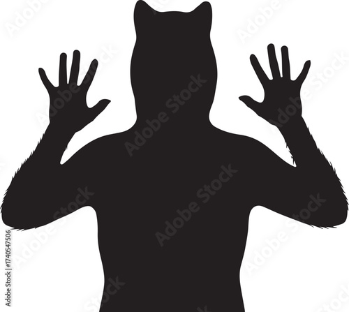 Silhouette person with cat ears hands up