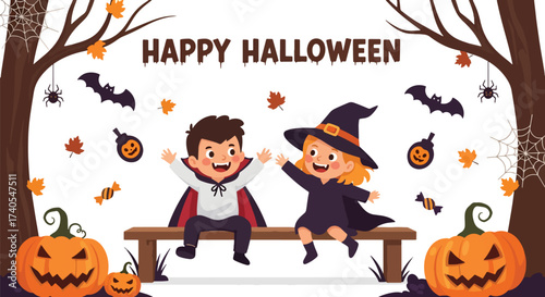 Adobe illustrator artwork vector illustration. Cheerful kids in Halloween costumes running amidst spooky trees and pumpkins. Ideal for festive greeting cards, party invitations, and holiday promotions