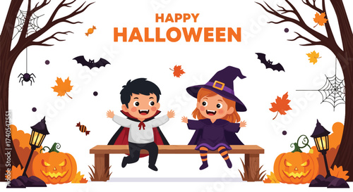 Adobe illustrator artwork vector illustration. Cheerful kids in Halloween costumes running amidst spooky trees and pumpkins. Ideal for festive greeting cards, party invitations, and holiday promotions
