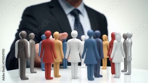 Conceptual Arrangement of Miniature Figures Managed by Person in Dark Business Suit on White Surface in a Studio Setting with Even Lighting