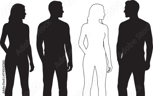 Silhouettes of people standing together facing