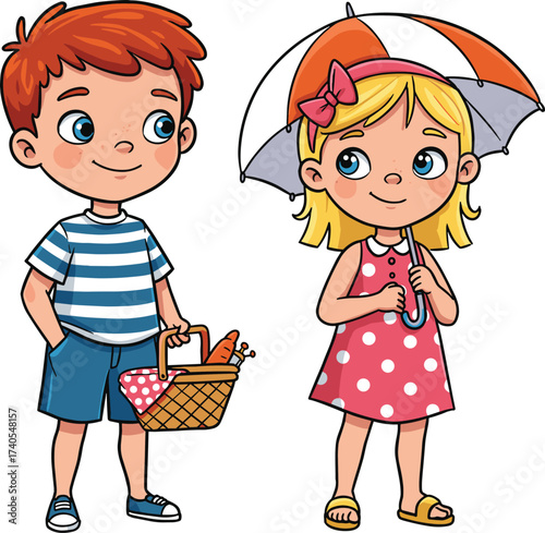 Cartoon children standing together, picnic basket, colorful umbrella, summer outing, cheerful kids, red dress, striped shirt, outdoor fun, happy moment, vibrant colors