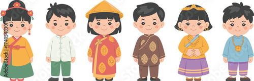 Cartoon children wearing traditional Asian costumes, cultural diversity, cute ethnic outfits, heritage illustration, multicultural kids, Asian traditional clothing, unity concept