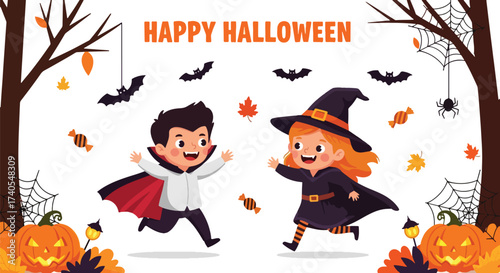 Adobe illustrator artwork vector illustration. Cheerful kids in Halloween costumes running amidst spooky trees and pumpkins. Ideal for festive greeting cards, party invitations, and holiday promotions