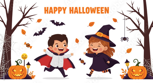Adobe illustrator artwork vector illustration. Cheerful kids in Halloween costumes running amidst spooky trees and pumpkins. Ideal for festive greeting cards, party invitations, and holiday promotions