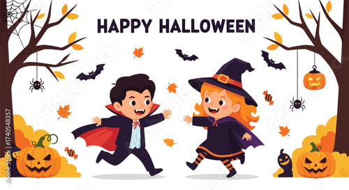 Adobe illustrator artwork vector illustration. Cheerful kids in Halloween costumes running amidst spooky trees and pumpkins. Ideal for festive greeting cards, party invitations, and holiday promotions