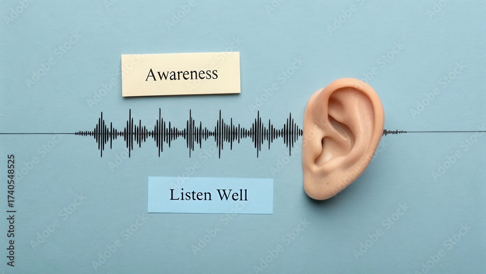Naklejka premium Ear with Sound Waves and Awareness Concept for Personal Development and Effective Communication Skills