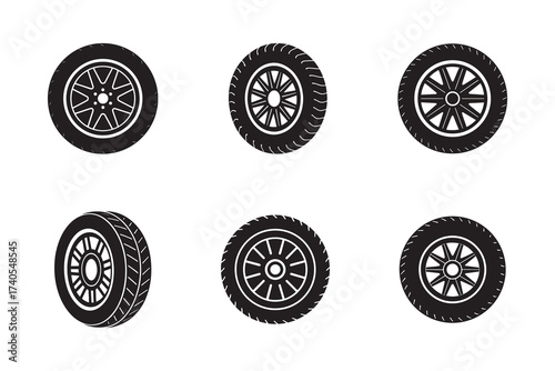 Set of Black and White Car Tire Icons for Automotive Industry Illustrations and Design Projects Representing Transportation Technology and Vehicle Maintenance