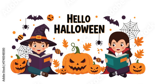Adobe illustrator artwork vector illustration. Adorable kids in Halloween costumes reading spooky stories. Perfect for children's books, holiday promotions, and educational materials