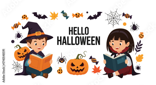 Adobe illustrator artwork vector illustration. Adorable kids in Halloween costumes reading spooky stories. Perfect for children's books, holiday promotions, and educational materials