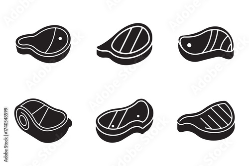 Set of Black and White Meat Icons Representing Different Cuts and Preparation Styles Great for Menu Design or Butchery Concepts